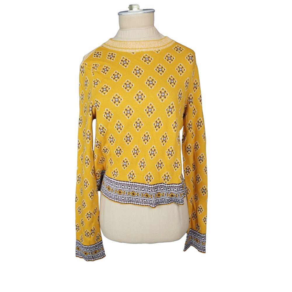 Free People Mustard Yellow Floral Stripe Sweater. Size XS